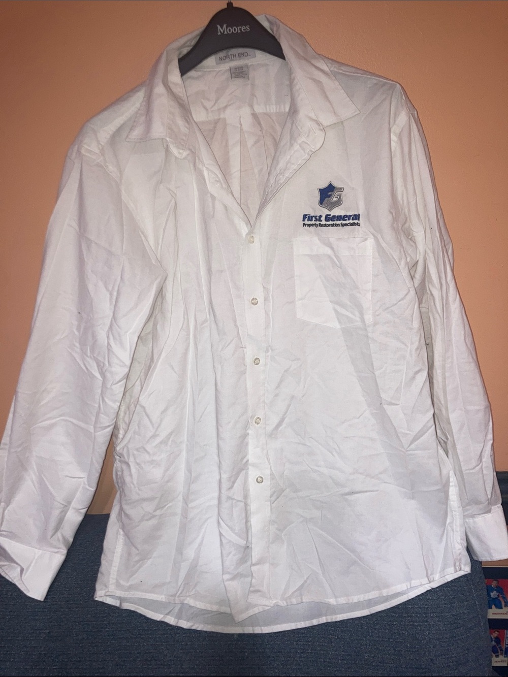 First General White Long-Sleeve Dress Shirt with Logo